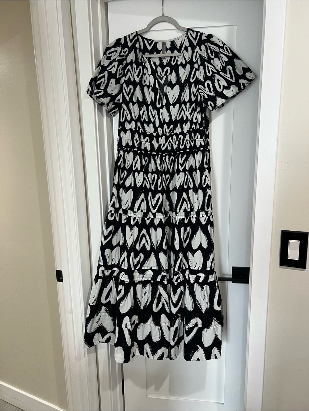 Anthropologie Black & White Heart-Print Tiered Midi Dress